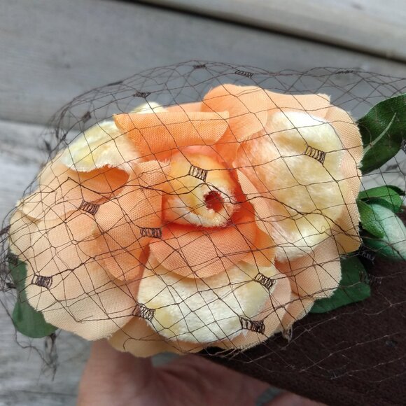 Vintage Brown Ring Hat with Netting and Orange Flower Bandeau Crown Autumn - Picture 7 of 8